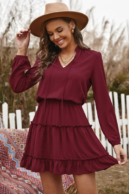 Wine V Neck Long Sleeve Ruffle Tiered Mini Dress Cozy Ribbed Mini Dress