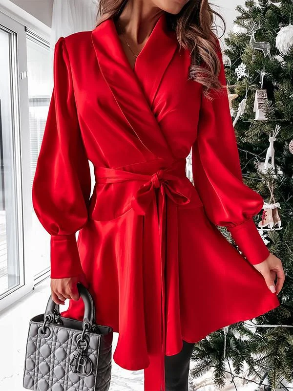 Plain Belted Long Sleeve Mini Dress Fashionable Mini Dress with Slits