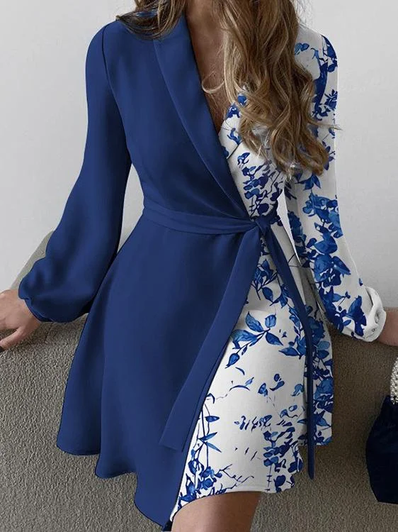 Temperament V-Neck Tie Long Sleeve Mini Dress Stylish Button-Down Mini Dress