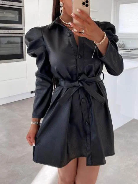 Wrap Front Button Up Long Sleeve Mini Dress Trendy Wraparound Mini Dress