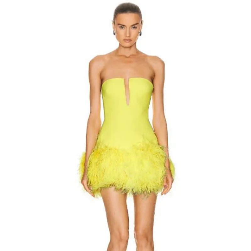 Yellow Black Color  Strapless Feathers  Mini Dress Chic Mini Dress with V-Neck