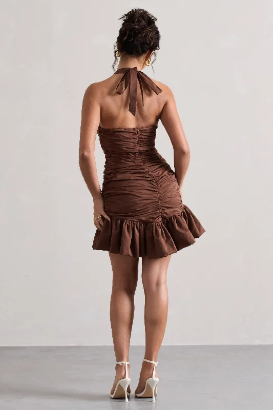 Zahra | Chocolate Brown Halter-Neck Ruched Mini Dress With Ruffle Hem Trendy Tie-Dye Mini Dress