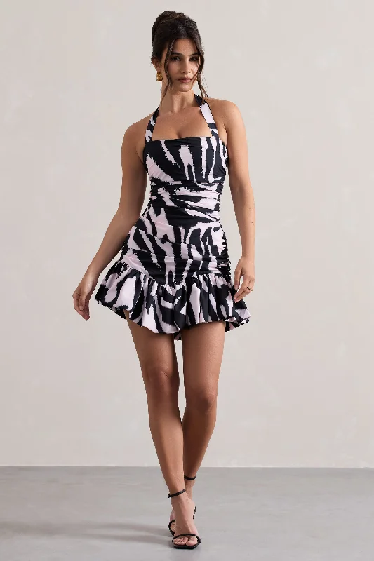 Zahra | Zebra Print Halter-Neck Ruched Mini Dress With Ruffle Hem Fashionable Lace Mini Dress
