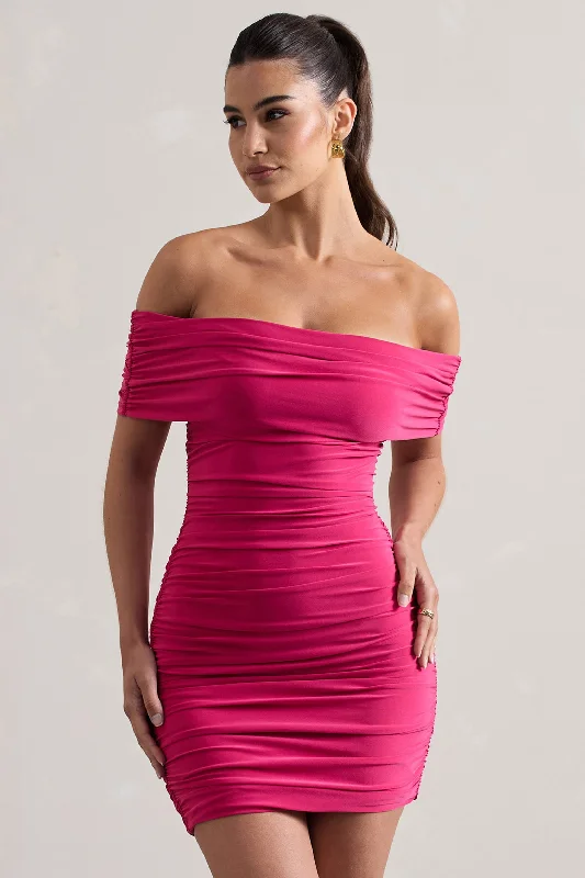 Zeta | Dark Pink Bodycon Bardot Mini Dress Cozy Cowl Neck Mini Dress